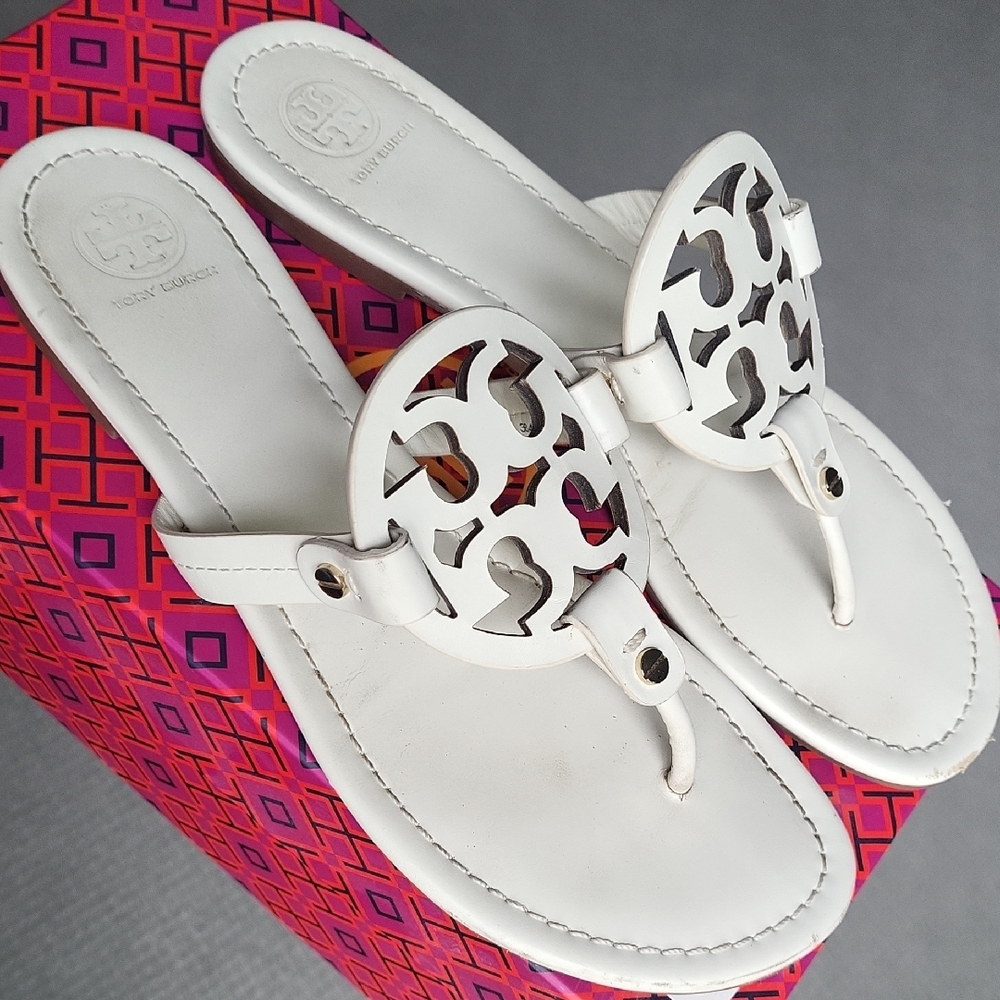 Tory Burch White Miller Sandals with Medallion Design